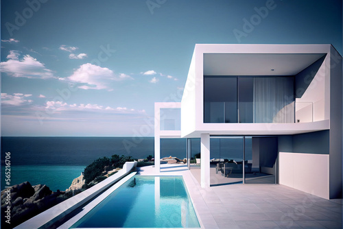 Wonderful residential villa. Modern architecture with swimming pool and sea view. Generative AI illustration © ardanz