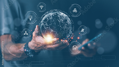 Man holding hands metaverse virtual global internet Technology Business, Global Internet Connectivity Application and Digital Marketing finance and banking digital link technology big