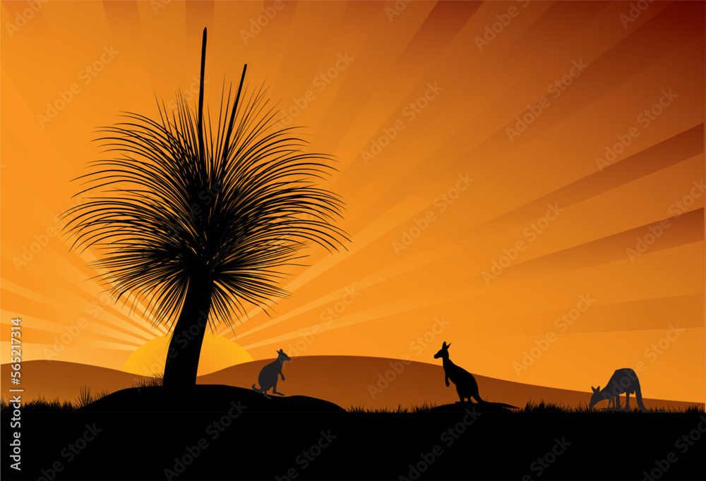 Silhouette of grass tree and kangaroos