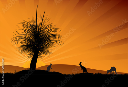 Silhouette of grass tree and kangaroos