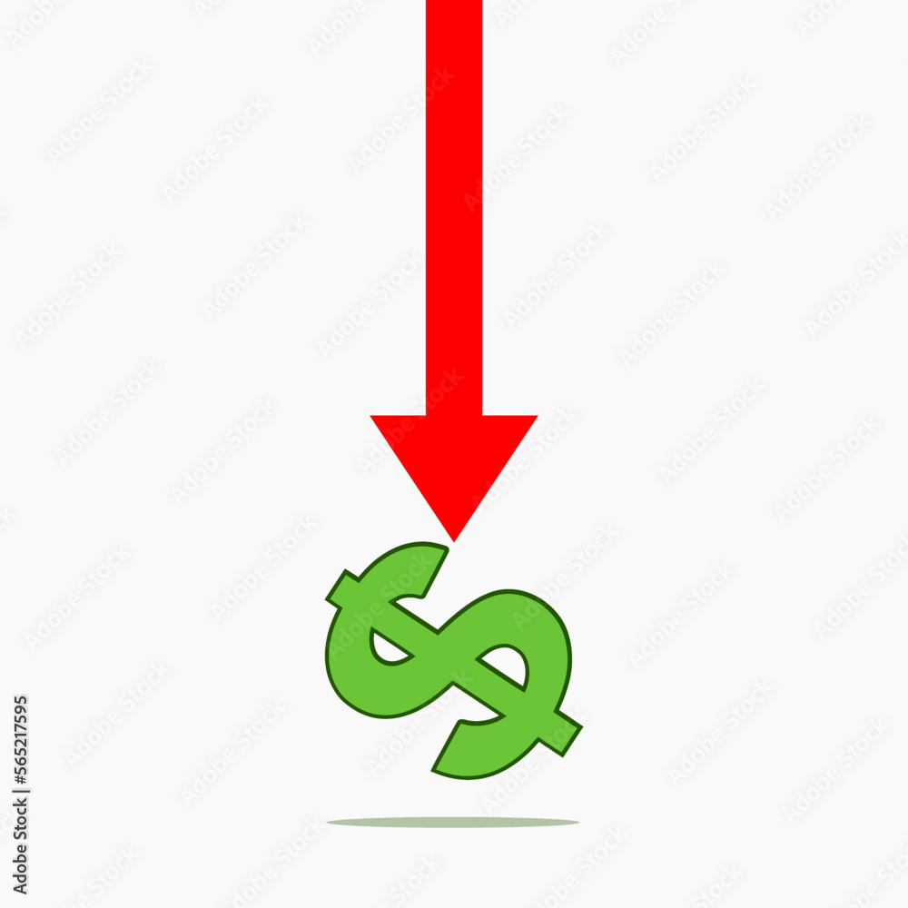 Dollar crash symbol with red arrow on white background. Global Economic Downturn. Recession. Market Crash. Dollar crash symbol with red arrow on white background. Global Economic Downturn. Recession. Market Crash.