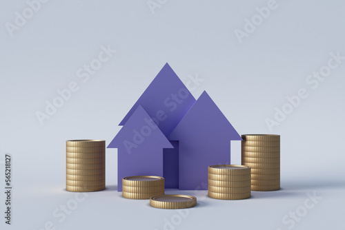 Coins and graph on white, 3d rendering