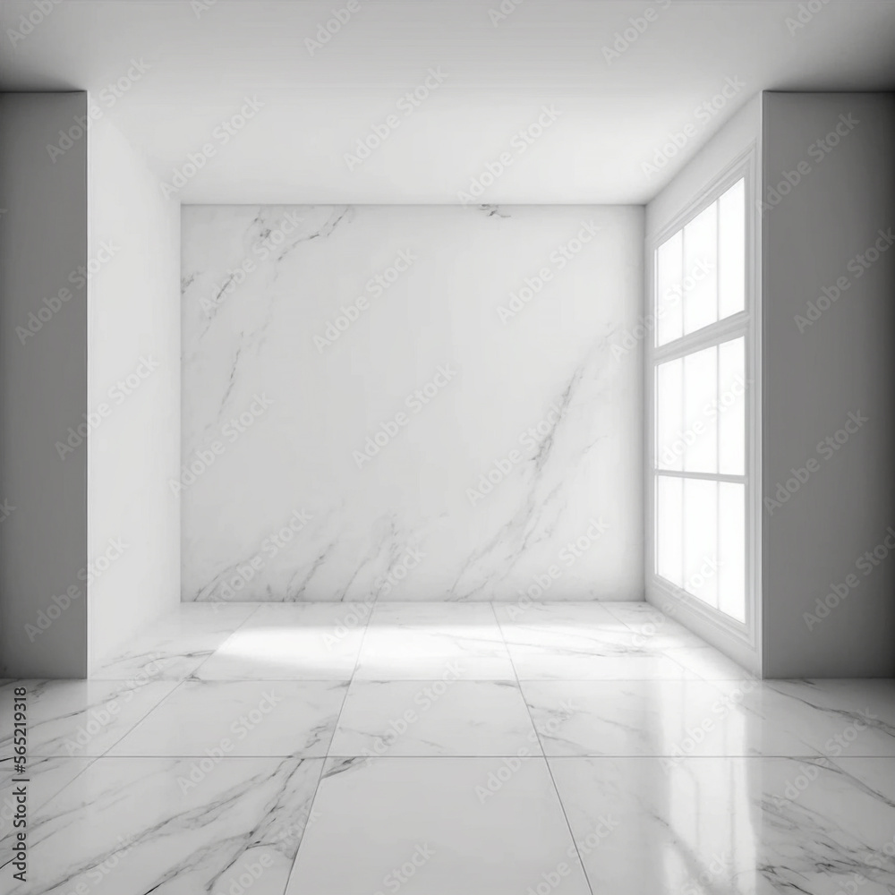 Fototapeta premium White room with marble floor, mock up design , generative ai