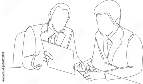 Continuous one line drawing two smart businessmen discussing project in office. Business consulting concept. Single line draw design vector graphic illustration.