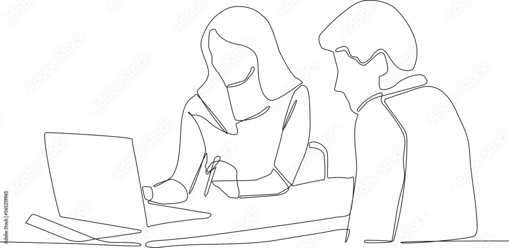 Continuous one line drawing businesswoman sitting and consulting with young professional man at office. Business consulting concept. Single line draw design vector graphic illustration. Continuous one line drawing businesswoman sitting and consulting with young professional man at office. Business consulting concept. Single line draw design vector graphic illustration.