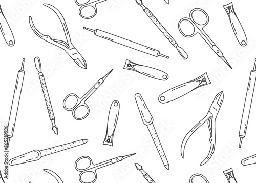 doodle pattern with manicure and pedicure tools, black lines on a white background, advertising poster, background for a beauty salon