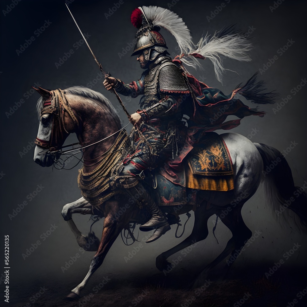 Polish hussar with a lance on a horse in the style of Greg Rutkowski