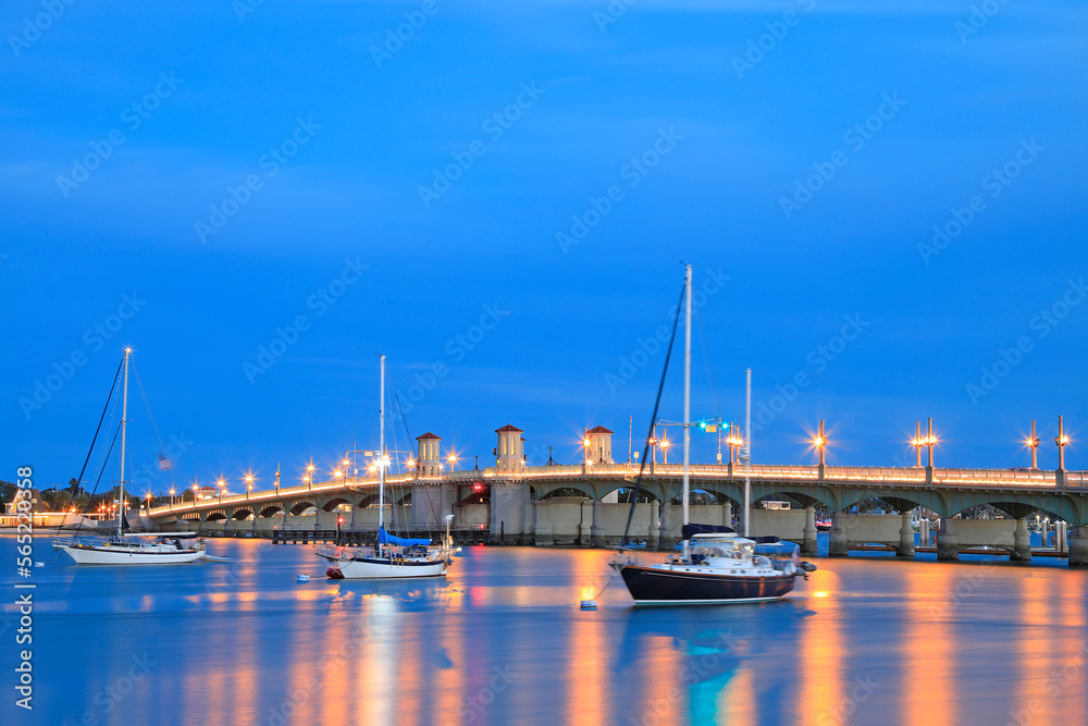 Bridge of Lions illuminated at dusk in St. Augustine, Florida, USA