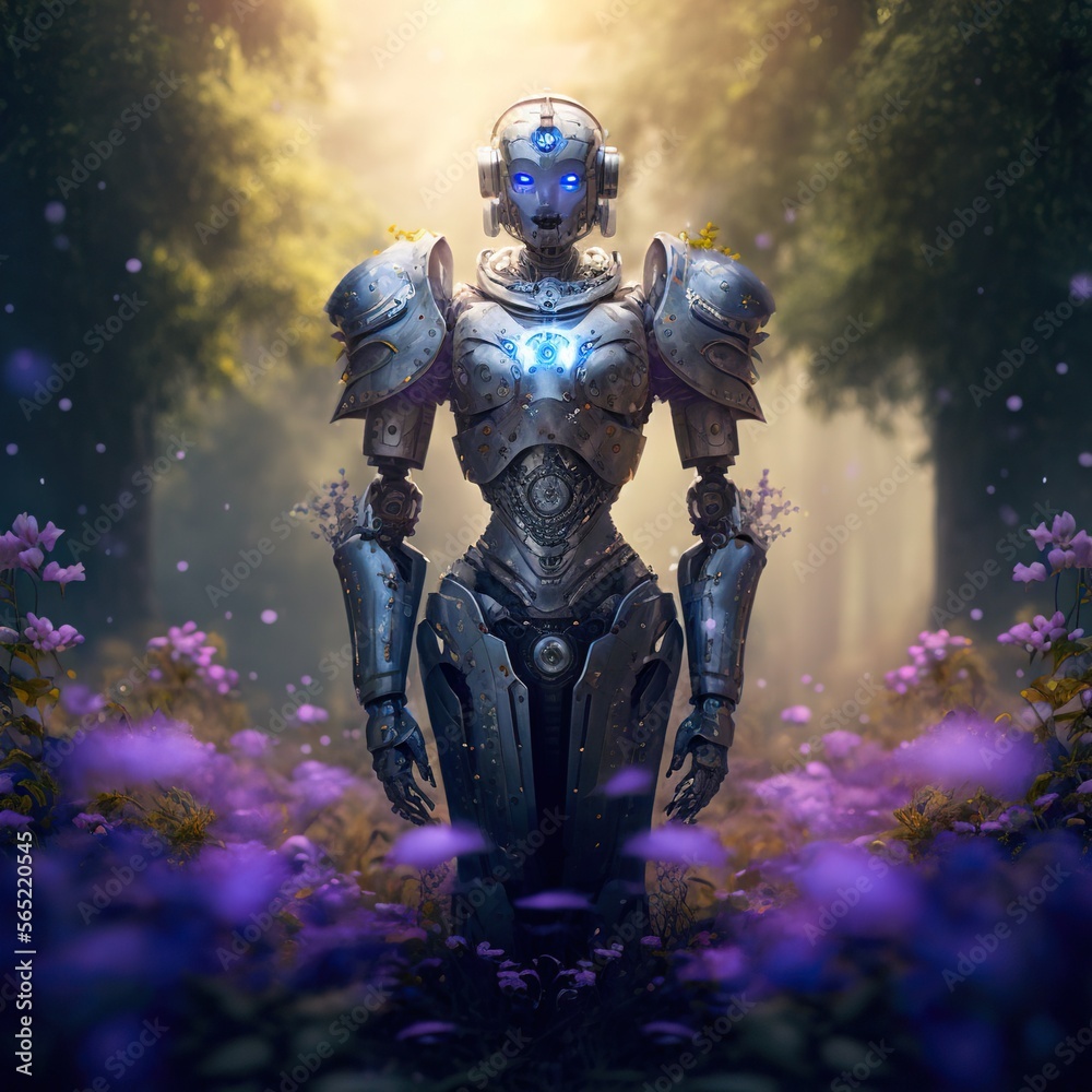 Ethereal Robot Deity: Space-bound Photoshoot, Filled with trees and flowers in spring season