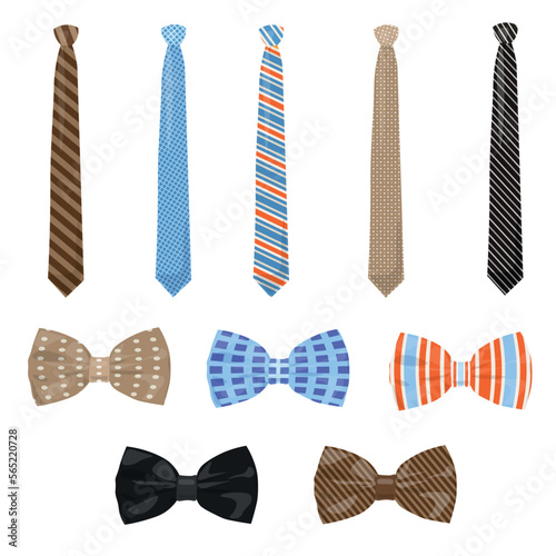 Set of bowties and neckties on white background