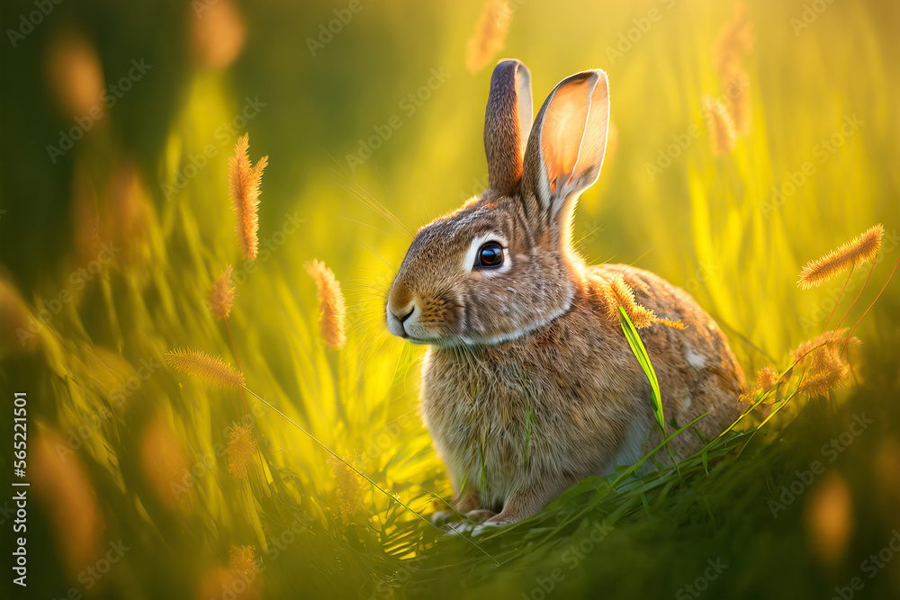 Fototapeta premium Rabbit sits in the grass in the sun. Post-processed generative AI
