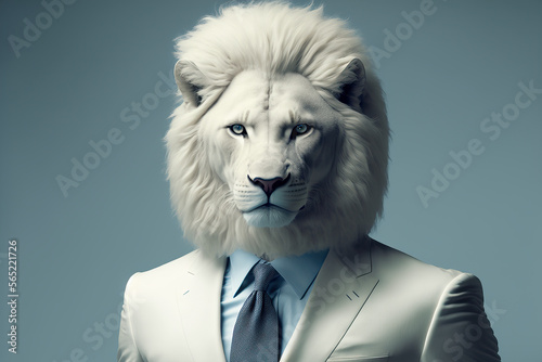 Portrait of a white lion dressed in a fashionable business suit. Post-processed digital AI art photo