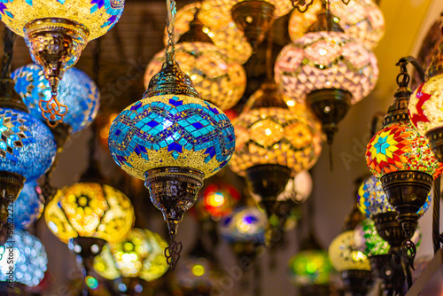 Traditional Turkish mosaic lamps close ups Istanbul market © Stella Kou