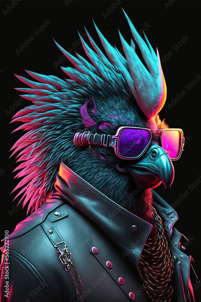 Sassy Synthwave Rooster wearing a leather jacket and sunglasses in Neon, gredient colors