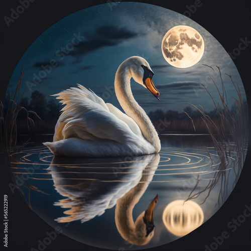 swan in the night,moon at background, reflected on lake, generative ai photo