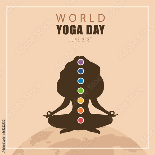 World yoga day poster. Female silhouette with chakras. June 21st. Banner, social media post or brochure design. Vector illustration in flat cartoon style.