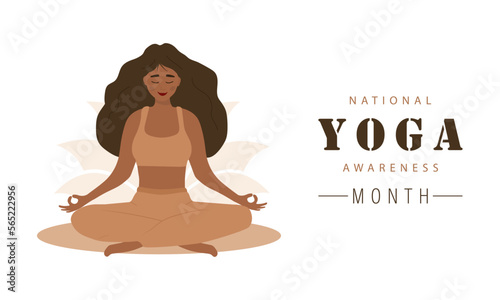 National yoga awareness month poster. Woman in lotus position. Banner, social media post or brochure design. Vector illustration in flat cartoon style.