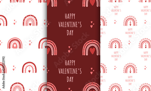 Set of Valentines day seamless patterns with rainbows and hearts. Cute romantic backgrounds in boho style. Vector childish illustration for posters, textile, fabric, wrapping paper.