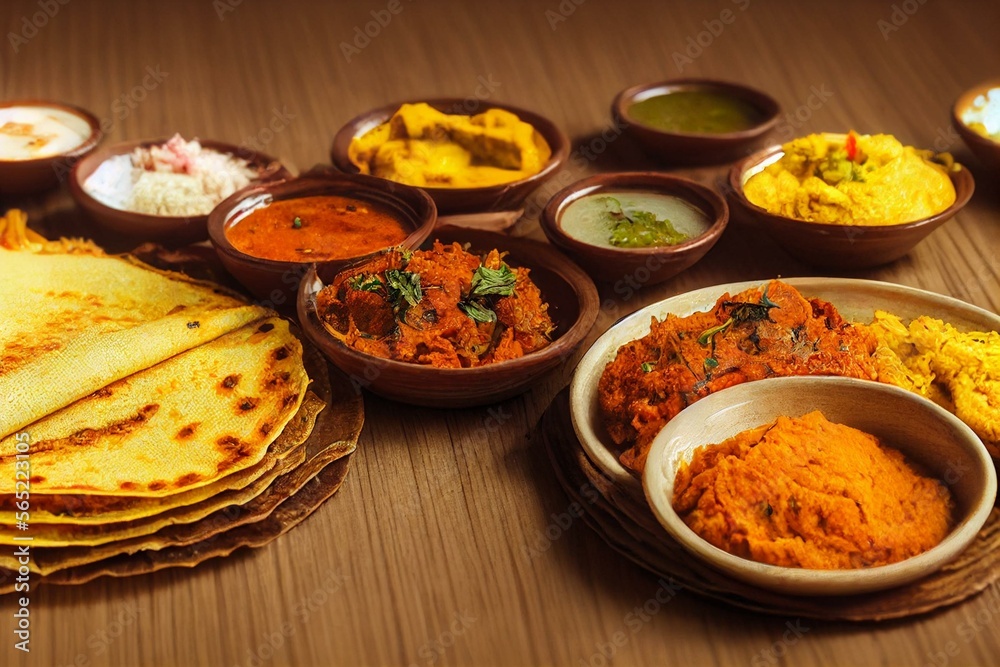 group of South Indian dishes served on banana leaves with colorful