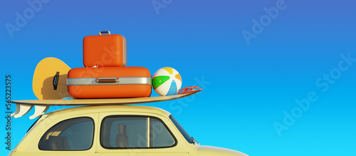 Retro small car with a surfboard and travel suitcases in front of a blue sky background, tourism or vacation concept, 3d rendering © Andreas Berheide