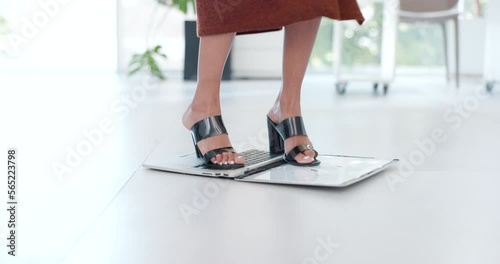 Anger, legs and woman break laptop over 404 computer glitch, stock market crash or investment fail. Frustrated rage, problem and trader stomp pc on floor over NFT or forex trading mistake