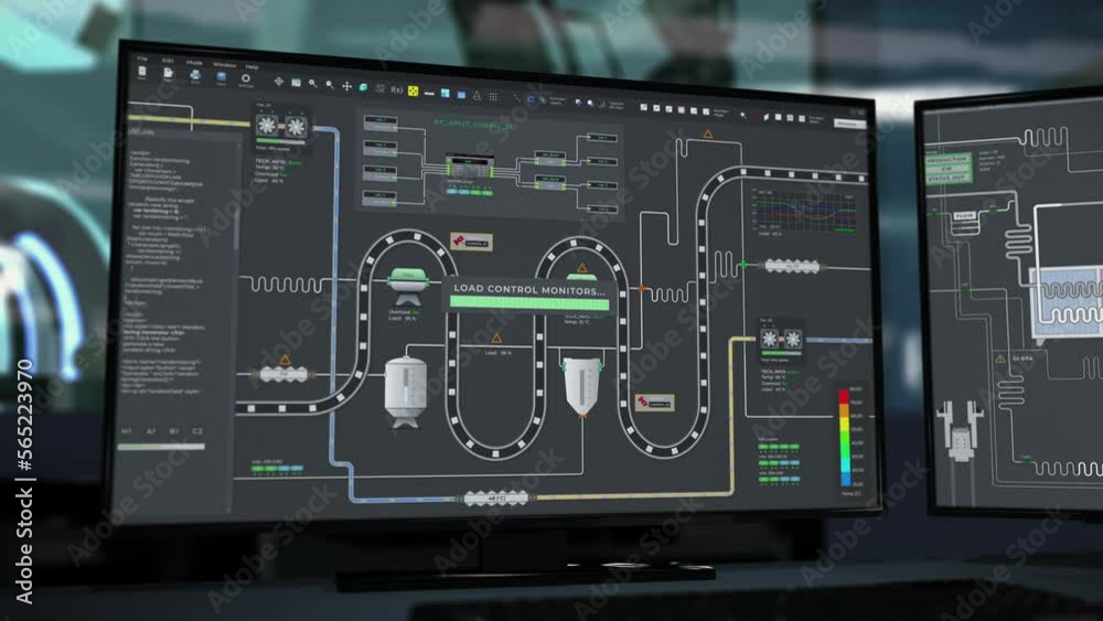 Visualisation of the automated manufacturing process at the industrial plant. Automated manufacturing process of food industry products. Computer tech controlling the automated manufacturing process.