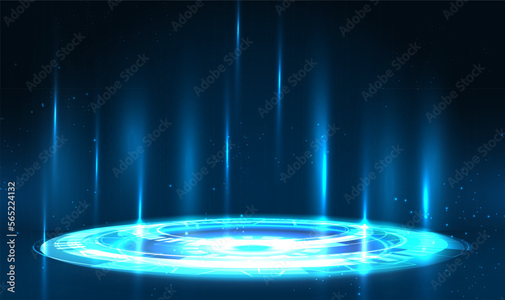Hologram science futuristic portal. Sci-fi digital hi-tech in glowing HUD with halo. Magic gate in game fantasy teleport podium with hologram effect. GUI and UI virtual reality. Technolog Vector EPS10