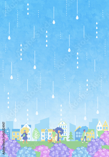 紫陽花と街並みと人々の梅雨のベクターイラスト背景