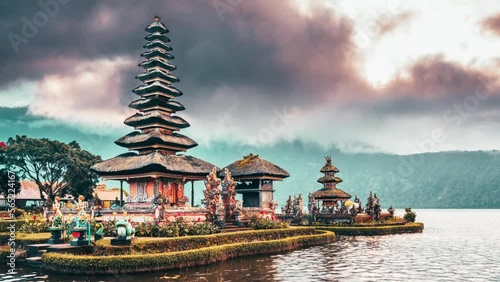 Ulun Danu Beratan Temple in Bali - Bali's Iconic Lake Temple, is both a famous picturesque landmark and a significant temple complex on the western side of Beratan Lake. Bali, Indonesia 4K Time lapse photo