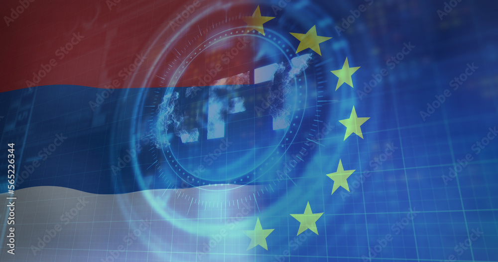 Fototapeta premium Composite of nft cryptocurrency sign, scope and flag of russia and european union