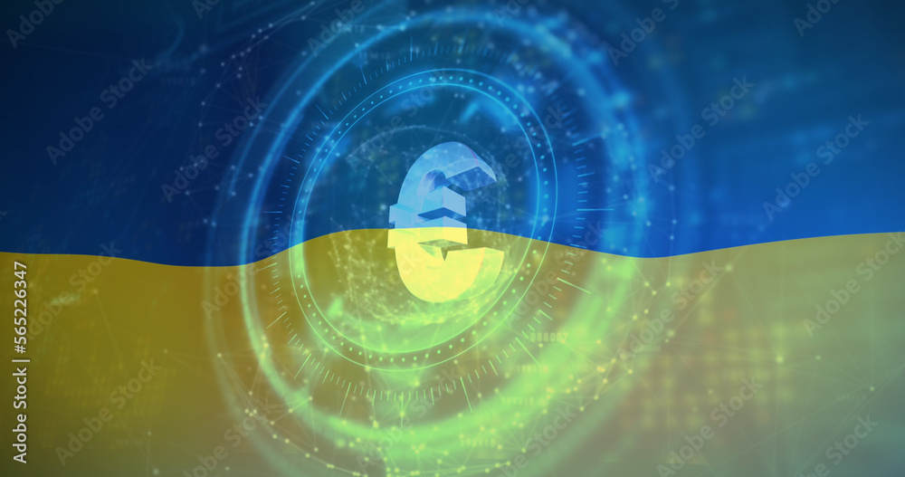 Fototapeta premium Composite of euro currency sign, scope and flag of ukraine