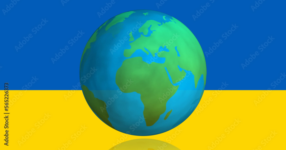 Fototapeta premium Image of globe over blue and yellow flag of ukraine