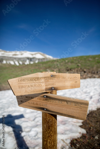 A trail sign post shows two diverging paths in Utah's Wasatch mountains. photo