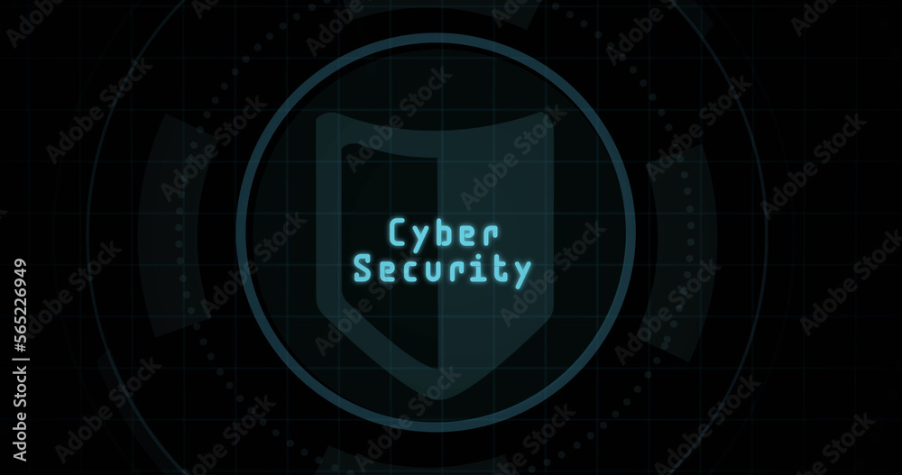 Composition of online security text over shield icon on black background