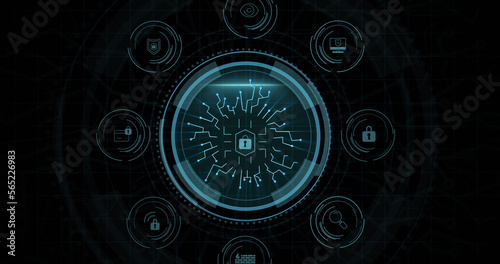 Composition of online security padlock icon on black background
