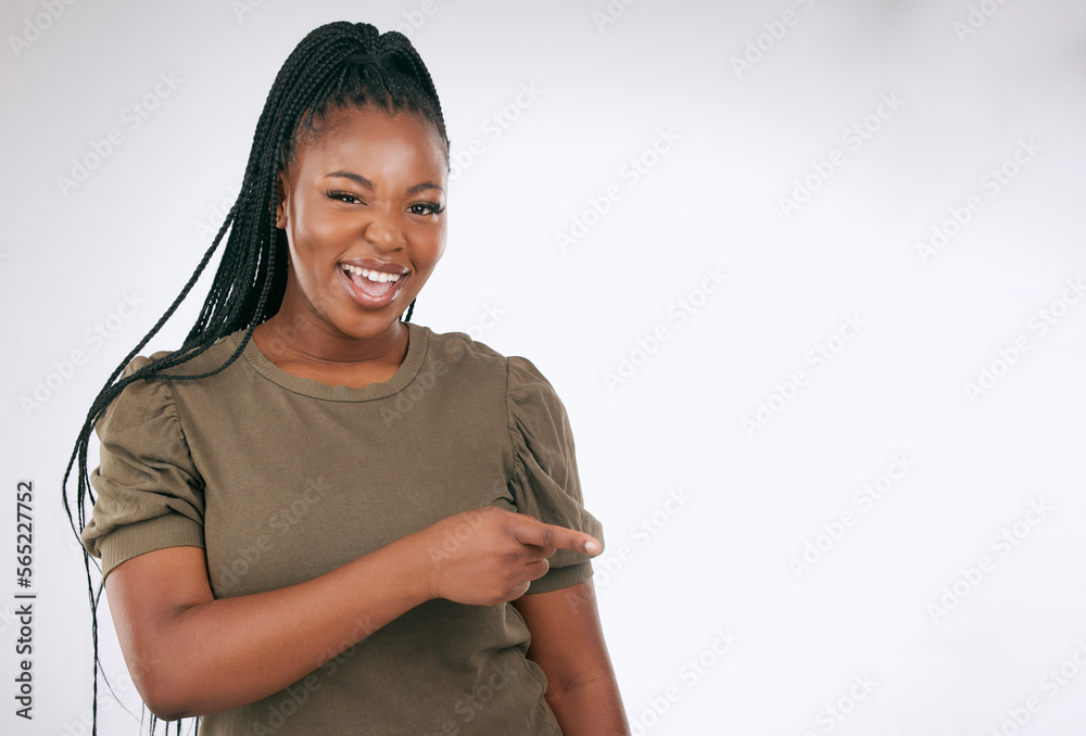 Mockup, portrait and black woman pointing at studio background ...