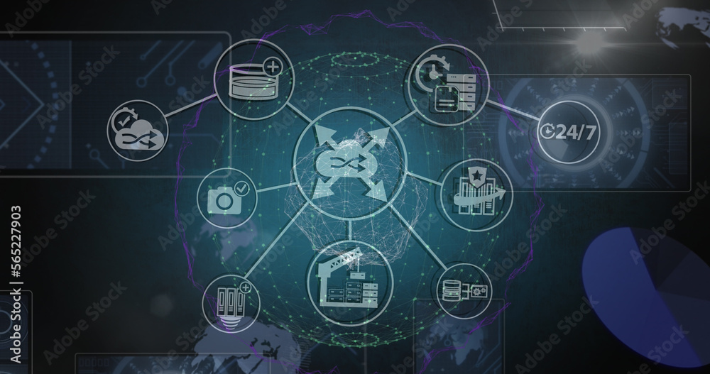 Composite of digital data processing with network of connections with icons Composite of digital data processing with network of connections with icons