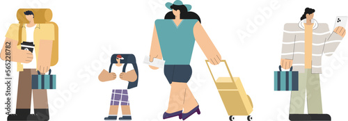 cartoon charector passenger with luggage and mobile phone walking in the airport terminal departure hall waiting for boarding plane holiday vacation flight