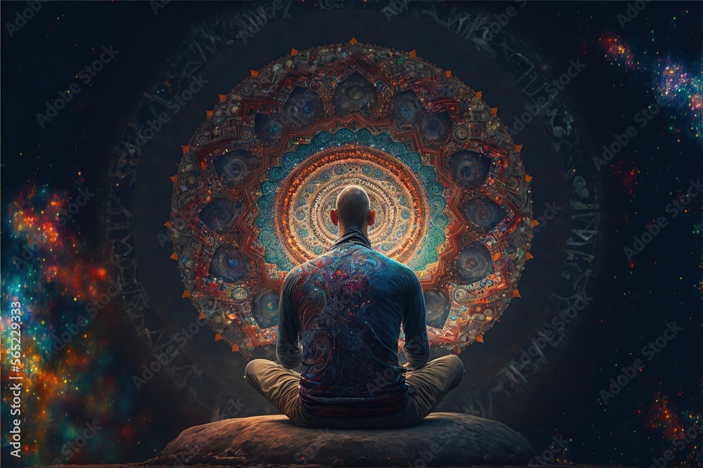 man in meditation with cosmos connection. generative AI digital illustration. man in meditation with cosmos connection. generative AI digital illustration.