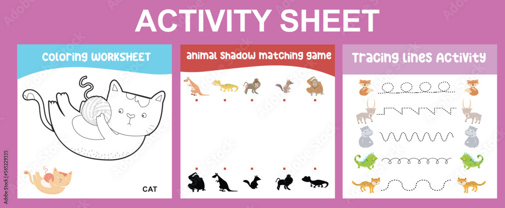 3 in 1 Activity kit animals edition for preschool and kindergarten kids. Educational printable worksheet. Colouring page, tracing lines, matching the shadows worksheet. Vector file.