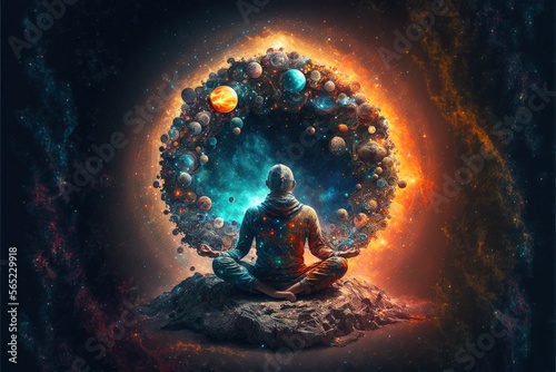 Meditating man in yoga lotus pose is traveling in neverending cosmos. Soul healing energy. generative AI digital illustration.