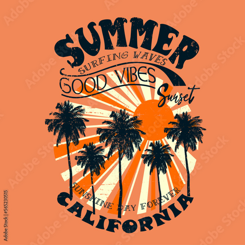 Canvas Print summer good vibes palm tree vector print artwork, Girls summer beach vector grap