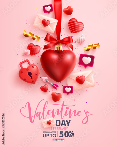 Valentine's Day Sale banner with sweet hearts and Valentine elements on pink background.Promotion and shopping template for love and Valentine's day concept.