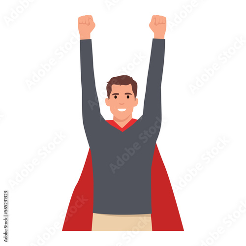 Young businessman flying with hands up. Career advancement. Cartoon guy in suit and superhero mantle. Flat vector illustration isolated on white background