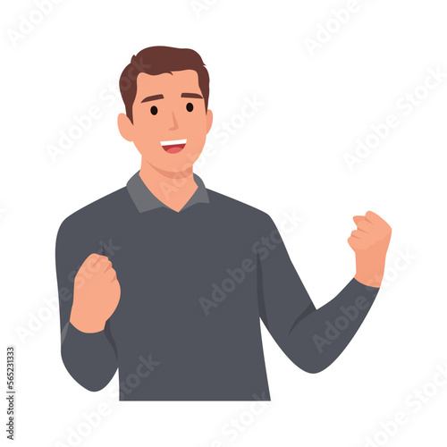 A happy young man in glasses with raised hands up vector flat design illustration. Flat vector illustration isolated on white background