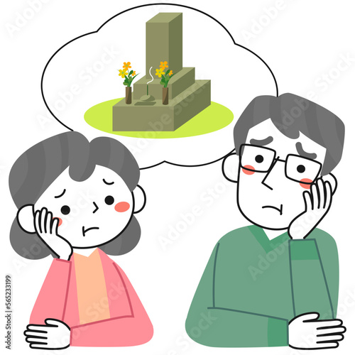 お墓について悩んでいるシニア女性とシニア男性