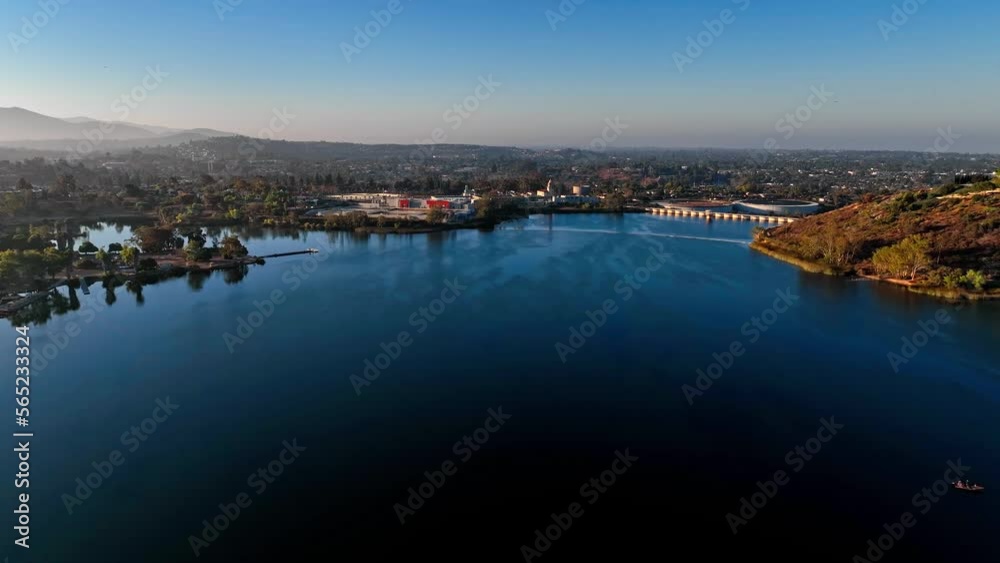 Silent shores of Lake Murray San Diego with baseball pitch at shores aerial Silent shores of Lake Murray San Diego with baseball pitch at shores aerial