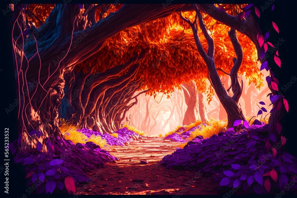 Stockillustratie magic beautiful bright fairy forest purple and orange ...