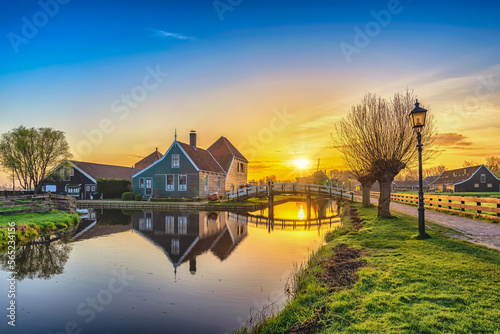 Amsterdam Netherlands, Sunrise landscape of Dutch Windmill and traditional ho...