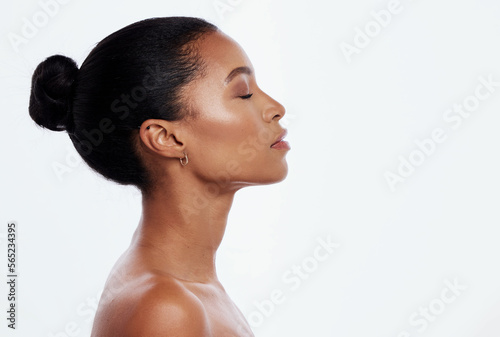 Fotografie Black woman, facial profile and beauty in studio, isolated white background and mockup